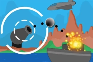 대포가 배를 향해 포탄을 발사하는 장면과 폭발이 나타나 있으며 위에는 비행기가 날고 있는 모습을 배경으로 한 이미지입니다