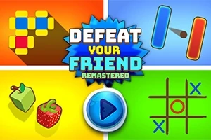 색색의 배경에 다양한 게임 아이콘과 중앙에 DEFEAT YOUR FRIEND REMASTERED라는 텍스트가 있는 이미지