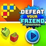 색색의 배경에 다양한 게임 아이콘과 중앙에 DEFEAT YOUR FRIEND REMASTERED라는 텍스트가 있는 이미지