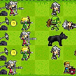 픽셀 그래픽 스타일의 전사와 궁수, 마법사, 동물들이 그리드 형태의 초원에서 전투 중인 장면