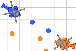 격자 배경 위에 파란색과 주황색 헬리콥터와 여러 개의 파란색, 주황색 원이 있다