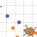 격자 배경 위에 파란색과 주황색 헬리콥터와 여러 개의 파란색, 주황색 원이 있다