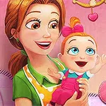 엄마가 분홍색 옷을 입은 아기를 안고 행복하게 웃고 있는 모습