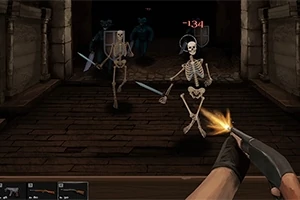 어두운 던전에서 무장한 해골 전사들이 손에 검을 들고 플레이어를 향해 다가오고 있으며, 플레이어는 총을 발사하고 있다