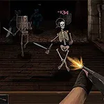 어두운 던전에서 무장한 해골 전사들이 손에 검을 들고 플레이어를 향해 다가오고 있으며, 플레이어는 총을 발사하고 있다