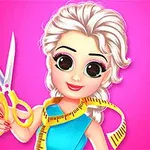 금발 머리의 애니메이션 캐릭터가 가위를 들고 있고, 어깨에는 노란색 줄자가 있는 모습