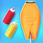 주황색 치마가 마네킹에 걸려 있고, 주변에 빨간색, 노란색, 보라색 스프레이 캔들이 있는 모습입니다