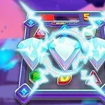 보라색과 파란색의 배경 위에 다양한 보석 아이콘과 번개 효과가 있는 화면