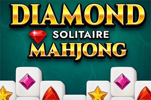 녹색 배경에 큰 금색 글씨로 DIAMOND SOLITAIRE MAHJONG이 쓰여 있고, 하단에는 다양한 색상의 보석 모양이 새겨진 마작 타일들이 놓여 있다