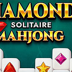 녹색 배경에 큰 금색 글씨로 DIAMOND SOLITAIRE MAHJONG이 쓰여 있고, 하단에는 다양한 색상의 보석 모양이 새겨진 마작 타일들이 놓여 있다