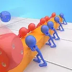 파란색과 빨간색 스틱맨들이 주황색 기둥을 밀고 주사위가 굴러가는 모습
