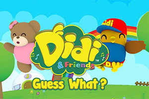 알록달록한 배경에 곰과 새가 있는 Didi & Friends 로고와 Guess What?