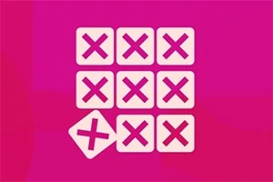 분홍색 배경에 3x3 배열로 된 사각형 안에 X 표시가 있으며, 왼쪽 아래에 추가적인 X 표시가 기울어져 있습니다
