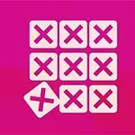 분홍색 배경에 3x3 배열로 된 사각형 안에 X 표시가 있으며, 왼쪽 아래에 추가적인 X 표시가 기울어져 있습니다