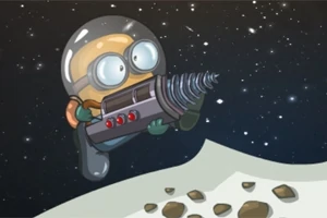 우주 헬멧을 쓰고 드릴을 들고 있는 만화 캐릭터가 별이 빛나는 우주 배경과 달 표면 위에 서 있다