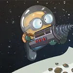 우주 헬멧을 쓰고 드릴을 들고 있는 만화 캐릭터가 별이 빛나는 우주 배경과 달 표면 위에 서 있다