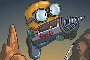 큰 드릴을 든 노란 헬멧을 쓴 캐릭터가 바위 사이를 뚫고 있는 모습