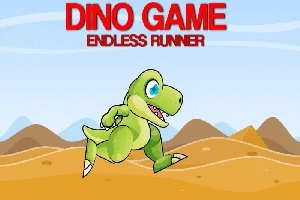 초원이 있는 배경에서 녹색 공룡이 뛰고 있으며 상단에 Dino Game Endless Runner라는 문구가 적혀 있다