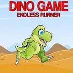 초원이 있는 배경에서 녹색 공룡이 뛰고 있으며 상단에 Dino Game Endless Runner라는 문구가 적혀 있다