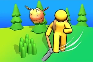 노란색 캐릭터가 초록색 들판에서 검을 휘두르며 걷고 있으며, 그 뒤로 뿔 달린 동물이 보입니다