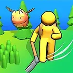 노란색 캐릭터가 초록색 들판에서 검을 휘두르며 걷고 있으며, 그 뒤로 뿔 달린 동물이 보입니다