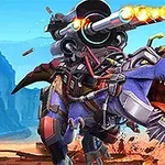 보라색 기계 공룡에 장착된 대형 무기에서 불꽃이 발사되는 모습