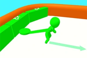 초록색 막대기 인형이 녹색 블록을 옮기는 모습