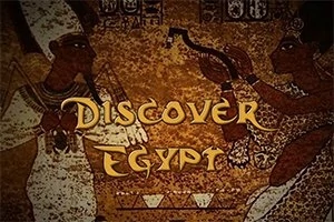 고대 이집트 벽화 스타일의 그림과 DISCOVER EGYPT라는 글자가 있는 이미지