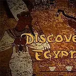 고대 이집트 벽화 스타일의 그림과 DISCOVER EGYPT라는 글자가 있는 이미지