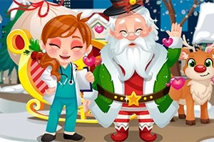 산타 복장을 한 남자와 간호사 복장의 여자가 눈 덮인 겨울 배경에서 함께 서 있으며, 주변에 사슴과 썰매가 있다