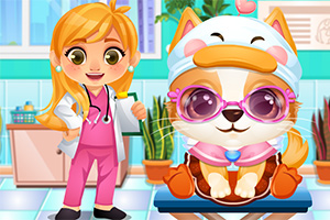 여자 아이가 분홍색 의사 가운을 입고, 고양이는 선글라스와 귀여운 모자를 쓴 모습으로 의료실에 앉아 있다