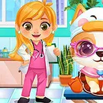 여자 아이가 분홍색 의사 가운을 입고, 고양이는 선글라스와 귀여운 모자를 쓴 모습으로 의료실에 앉아 있다