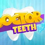 큰 치아 그림 위에 DOCTOR TEETH라는 노란색과 보라색 글씨가 쓰여 있고, 양옆에는 치과 도구들이 배치되어 있다