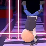 캐릭터가 거꾸로 서서 손으로 걸어가는 모습이 핑크색 레이저 빔이 있는 배경에서 그려져 있습니다