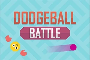 파란색 배경에 DODGEBALL BATTLE이라는 텍스트와 노란 공, 빨간 장갑, 보라색 공이 배치된 이미지