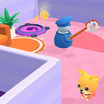 핑크색 방에서 파란 옷을 입은 사람이 네트처럼 보이는 도구를 들고 노란 강아지를 쫓고 있는 장면