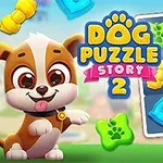 귀여운 강아지와 다양한 색상의 뼈 모양 퍼즐 조각들이 있는 이미지