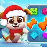 크리스마스 모자를 쓴 강아지와 퍼즐 보드에 다양한 형태의 색깔 블록들이 있는 이미지