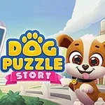 강아지가 있는 퍼즐 게임 이미지로, 왼쪽에는 퍼즐 조각과 공, 오른쪽에는 귀여운 강아지가 그려져 있다