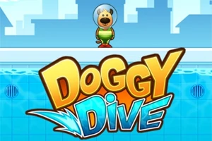 우주복을 입은 개가 수영장 위에 서 있고, 아래에는 DOGGY DIVE라는 글자가 있는 이미지