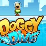우주복을 입은 개가 수영장 위에 서 있고, 아래에는 DOGGY DIVE라는 글자가 있는 이미지