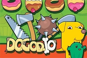 노란색 개와 녹색 선인장 캐릭터 옆에 도넛, 도끼, 톱, 철퇴가 있는 삽화