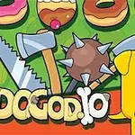 노란색 개와 녹색 선인장 캐릭터 옆에 도넛, 도끼, 톱, 철퇴가 있는 삽화