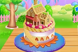 나무 테이블 위에 있는 예쁜 작은 집 장식이 올라간 케이크