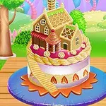 나무 테이블 위에 있는 예쁜 작은 집 장식이 올라간 케이크