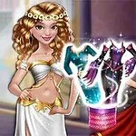 두 여성이 화려한 드레스를 입고 있으며, 중앙에는 빛나는 옷과 빨간 바구니가 있습니다