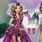 두 명의 여성이 각각 보라색 드레스와 하얀 드레스를 입고 있으며, 중앙에 빛나는 드레스들이 떠 있는 모습