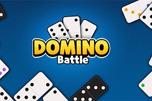 파란 배경 위에 여러 개의 도미노 조각과 DOMINO Battle 텍스트가 있는 이미지