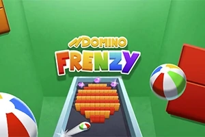 초록색 배경에 DOMINO FRENZY라는 텍스트와 도미노 블록, 다채로운 비치볼이 있는 이미지