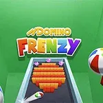 초록색 배경에 DOMINO FRENZY라는 텍스트와 도미노 블록, 다채로운 비치볼이 있는 이미지